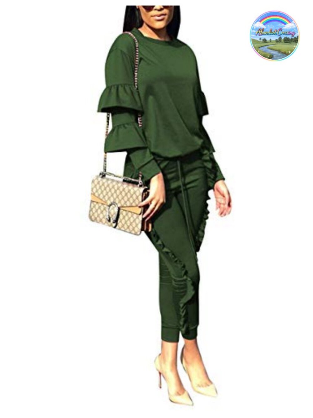 KANSOON Women's 2-Piece Puff Sleeve Top and Ruffle Pants Tracksuit Set